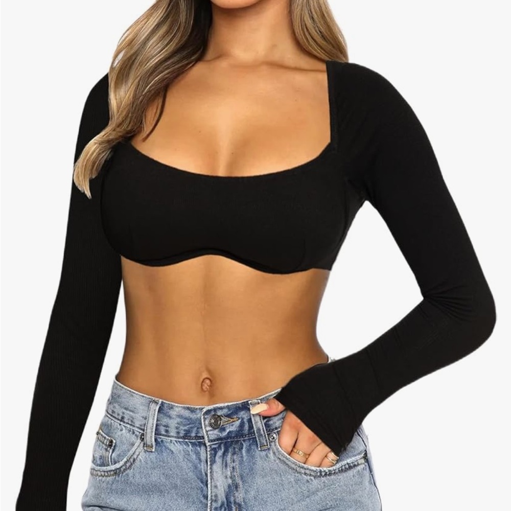 Super Cropped Black Ribbed Long Sleeve Top From Amazon With Built in Padding S